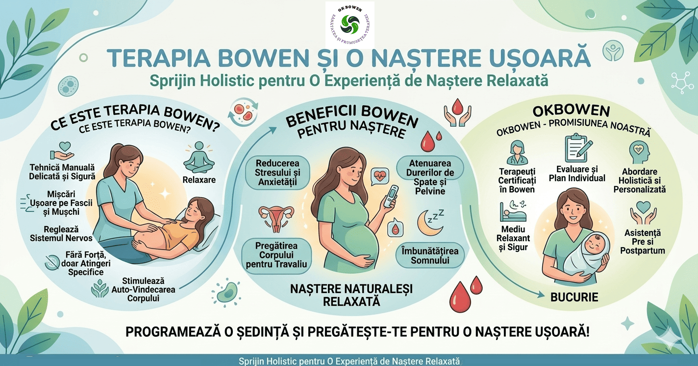 Imagine este un Info grafic specializat, intitulat „Terapia Bowen și o Naștere Ușoară”, axat pe sprijinul oferit femeilor însărcinate. Vizual, urmează același stil calm, cu nuanțe de verde, bleu și alb, organizat în trei cercuri mari care ghidează privirea de la stânga la dreapta.  Iată descrierea detaliată:  1. Cercul din Stânga: Ce este Terapia Bowen? În centru se află o ilustrație cu o terapeută care lucrează blând pe abdomenul unei femei însărcinate întinse pe spate. Punctele cheie menționate în jurul desenului sunt:  Tehnică Manuală Delicată și Sigură: Subliniind siguranța pentru mamă și făt.  Mișcări Ușoare pe Fascii și Mușchi: Fără presiune brutală.  Reglează Sistemul Nervos: Ajută la calmarea stării generale.  Fără Forță, doar Atingeri Specifice: Se bazează pe precizie, nu pe putere.  Stimulează Auto-Vindecarea Corpului.  Relaxare: Simbolizată printr-o mică pictogramă a unei persoane în poziție de meditație.  2. Cercul Central: Beneficii Bowen pentru Naștere Ilustrația centrală arată o femeie însărcinată care își privește burtica cu dragoste. Beneficiile enumerate în jurul ei sunt:  Reducerea Stresului și Anxietății: (Pictogramă cu săgeți circulare și inimi).  Atenuarea Durerilor de Spate și Pelvine: (Pictogramă cu picături roșii, sugerând punctele de tensiune eliberate).  Pregătirea Corpului pentru Travaliu: (Pictogramă a sistemului reproductiv feminin).  Îmbunătățirea Somnului: (Pictogramă cu o lună și simbolul „zzz”).  Mesajul Central: „Naștere Naturală și Relaxată”.  3. Cercul din Dreapta: Promisiunea OkBowen Aici apare o terapeută care ține în brațe un bebeluș fericit, sub cuvântul mare „BUCURIE”. Serviciile oferite includ:  Terapeuți Certificați în Bowen.  Evaluare și Plan Individual: (Pictogramă cu un clipboard și creion).  Abordare Holistică și Personalizată.  Mediu Relaxant și Sigur.  Asistență Pre și Postpartum: (Sprijin atât înainte, cât și după naștere).  Mesajul Final și Date de Contact La baza imaginii, pe un fundal alb curat, scrie cu litere mari:  „PROGRAMEAZĂ O ȘEDINȚĂ ȘI PREGĂTEȘTE-TE PENTRU O NAȘTERE UȘOARĂ!” Întregul design este decorat cu frunze verzi în colțuri și mici bule sau celule care plutesc discret, sugerând viața și regenerarea biologică. Este o imagine care transmite foarte multă încredere și liniște.