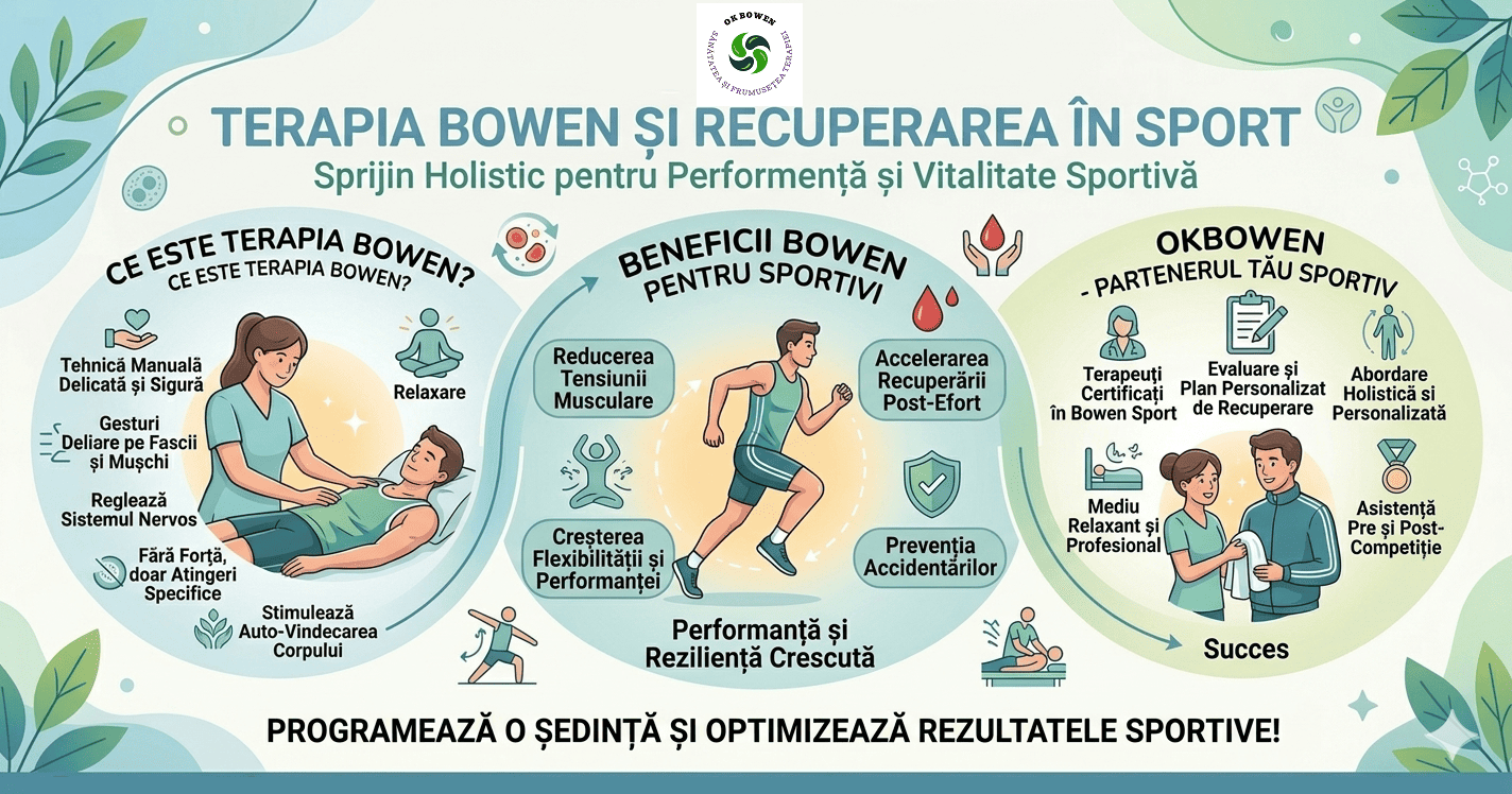 Această imagine completează seria de infografice, fiind dedicată de această dată Terapiei Bowen și recuperării în sport. Vizualul păstrează aceleași nuanțe relaxante de verde și albastru, fiind structurat în trei secțiuni principale care descriu beneficiile tehnicii pentru sportivi. Iată descrierea detaliată a conținutului: 1. Titlul și Tematica În partea de sus, central, este scris titlul: „TERAPIA BOWEN ȘI RECUPERAREA ÎN SPORT”, cu subtitlul „Sprijin Holistic pentru Performanță și Vitalitate Sportivă”. 2. Secțiunea din Stânga: Tehnica Bowen Ilustrația prezintă o terapeută care lucrează cu un sportiv aflat pe masa de tratament. Textul explică natura procedurii: Gesturi delicate pe fascii și mușchi: Tehnica se concentrează pe sistemul fascial al corpului. Reglează sistemul nervos: Ajută corpul să treacă din starea de stres (activitate) în cea de refacere. Fără forță, doar atingeri specifice: O metodă non-invazivă care nu implică manipulări brutale. Stimulează auto-vindecarea: Pregătește corpul să se repare singur după efort. 3. Secțiunea Centrală: Beneficii pentru Sportivi În mijloc apare imaginea unui bărbat în timp ce aleargă, sugerând dinamism. Jur-împrejur sunt listate avantajele: Reducerea tensiunii musculare: Esențială după antrenamente intense. Creșterea flexibilității și performanței: Ajută la obținerea unei raze mai mari de mișcare. Accelerarea recuperării post-efort: Reduce timpul necesar între sesiunile de antrenament. Prevenția accidentărilor: Prin menținerea echilibrului structural al corpului. Concluzia: „Performanță și Reziliență Crescută”. 4. Secțiunea din Dreapta: OKBOWEN - Partenerul Sportiv Această parte arată o terapeută oferind un prosop unui sportiv, simbolizând finalul unei sesiuni de succes. Punctele forte menționate sunt: Terapeuți certificați special în Bowen Sport. Evaluare și plan de recuperare personalizat pentru fiecare atlet. Asistență atât pre-competiție, cât și post-competiție. Un mediu relaxant și profesionist pentru „Succes”. 5. Îndemnul la Acțiune La baza infograficului scrie cu litere mari: „PROGRAMEAZĂ O ȘEDINȚĂ ȘI OPTIMIZEAZĂ REZULTATELE SPORTIVE!”, urmat de datele de contact și site-ul centrului.
