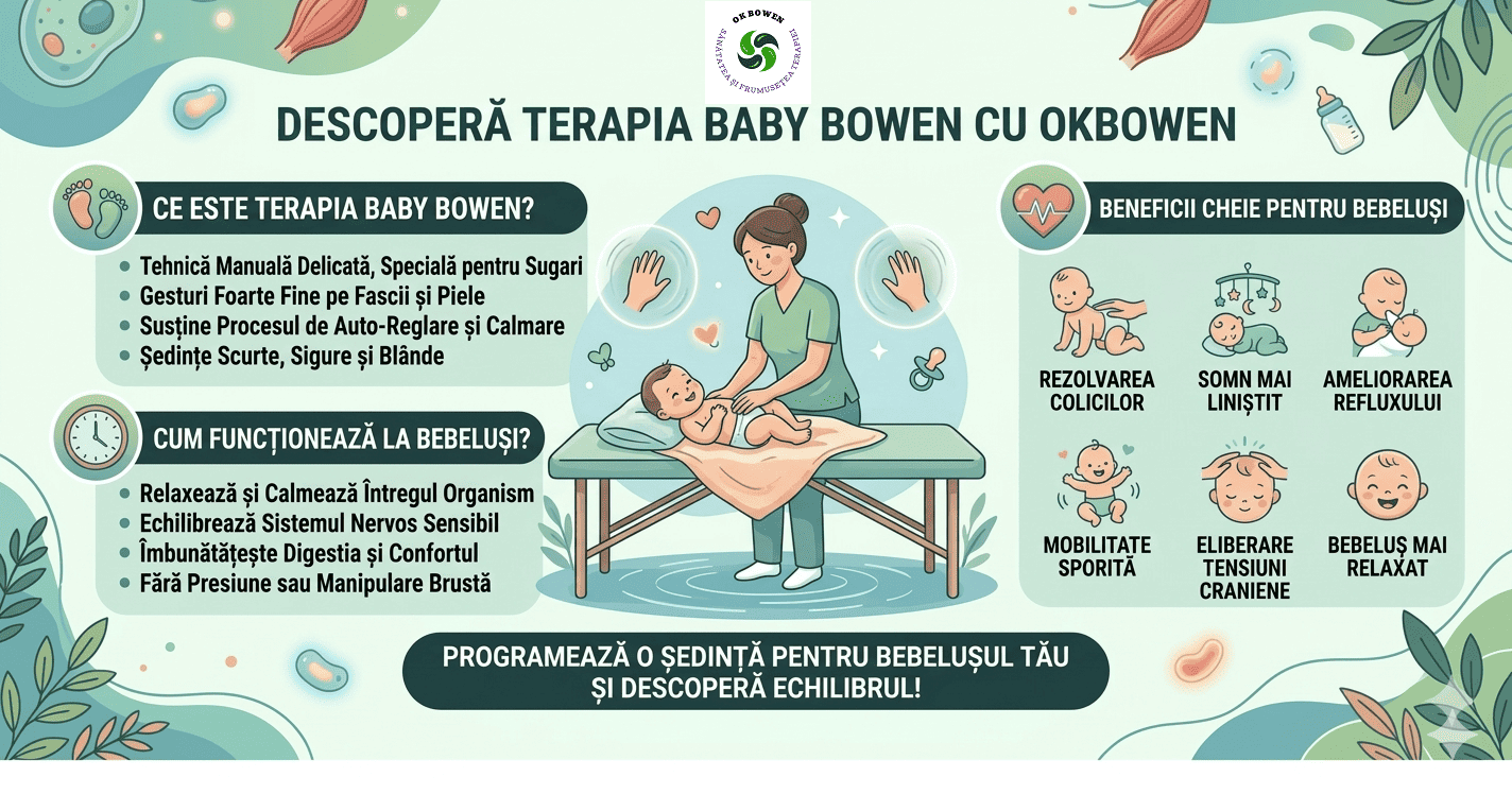 imagine este un infografic dedicat exclusiv Terapiei Baby Bowen, o variantă extrem de blândă a tehnicii, adaptată nevoilor specifice ale sugarilor. Vizual, păstrează armonia cromatică a brandului: nuanțe de verde-mentă, crem și accente jucăușe care sugerează universul copilăriei (suzetă, biberon, fluturași).  Iată descrierea detaliată pentru o persoană nevăzătoare:  Ilustrația Centrală În mijlocul imaginii, o terapeută cu o expresie blândă și zâmbitoare stă lângă o masă de masaj adaptată. Pe masă, pe o păturică moale de culoarea piersicii, stă un bebeluș fericit care dă din picioare. Terapeutul îi atinge ușor abdomenul. În jurul lor plutesc elemente grafice precum o suzetă mică, un biberon și simboluri ale unor palme delicate, subliniind natura fină a atingerii.  Secțiunile de Text 1. Ce este Terapia Baby Bowen? (Stânga sus) Această secțiune explică natura procedurii:  Tehnică manuală delicată, specială pentru sugari: Adaptată fragilității nou-născuților.  Gesturi foarte fine pe fascii și piele: Mult mai ușoare decât cele pentru adulți.  Susține procesul de auto-reglare și calmare: Ajută bebelușul să se liniștească singur.  Ședințe scurte, sigure și blânde: Deoarece bebelușii reacționează foarte rapid la stimuli.  2. Cum funcționează la bebeluși? (Stânga jos) Sunt punctate mecanismele de acțiune:  Relaxarea și calmarea întregului organism.  Echilibrarea sistemului nervos sensibil al celor mici.  Îmbunătățirea digestiei și a confortului: Esențial pentru primele luni de viață.  Fără presiune sau manipulare brustă: Siguranța este prioritară.  3. Beneficii Cheie pentru Bebeluși (Dreapta) Această zonă folosește pictograme simpatice cu bebeluși pentru a ilustra rezultatele:  Rezolvarea colicilor: Un bebeluș masat ușor pe spate.  Somn mai liniștit: Un bebeluș care doarme sub un carusel muzical.  Ameliorarea refluxului: Un bebeluș ținut în brațe după masă.  Mobilitate sporită: Un bebeluș care se mișcă vesel.  Eliberare tensiuni craniene: O atingere ușoară pe capul bebelușului.  Bebeluș mai relaxat: Un chip de bebeluș zâmbitor.  Mesajul de Final În partea de jos, pe un fundal oval de culoare verde închis, apare îndemnul:  „PROGRAMEAZĂ O ȘEDINȚĂ PENTRU BEBELUȘUL TĂU ȘI DESCOPERĂ ECHILIBRUL!”  Ca și în celelalte imagini, colțurile sunt decorate cu frunze și forme organice, creând o senzație de prospețime și siguranță. Este un ghid vizual care pune accentul pe confortul, liniștea și sănătatea bebelușului.