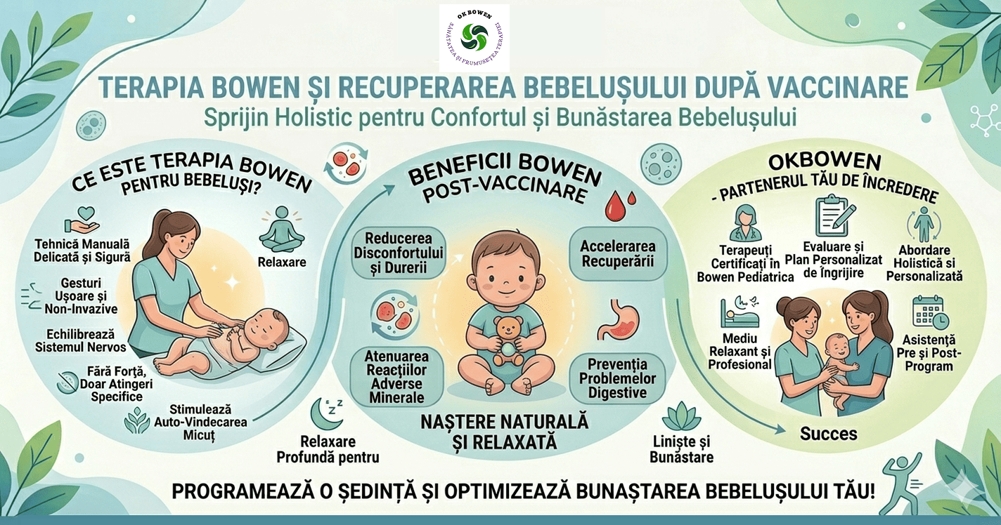 Imaginea este un infografic informativ și publicitar, creat într-un stil vizual cald și blând, utilizând nuanțe de verde pastel, albastru deschis și crem. Subiectul principal este utilizarea Terapiei Bowen pentru recuperarea bebelușilor după vaccinare.  Iată o descriere detaliată a structurii și conținutului:  1. Titlul și Tematica Generală În partea de sus, scris cu litere mari de tipar, apare titlul: „TERAPIA BOWEN ȘI RECUPERAREA BEBELUȘULUI DUPĂ VACCINARE”, urmat de subtitlul „Sprijin Holistic pentru Confortul și Bunăstarea Bebelușului”.  2. Secțiunea din Stânga: Ce este Terapia Bowen pentru bebeluși? Această zonă include o ilustrație cu o terapeută care atinge delicat burtica unui bebeluș ce zâmbește pe o masă de masaj. Jur-împrejur sunt menționate caracteristicile tehnicii:  Tehnică manuală delicată și sigură: Gesturi ușoare și non-invazive.  Echilibrarea sistemului nervos: Fără forță, doar atingeri specifice.  Stimularea auto-vindecării: Încurajează corpul micuțului să se recupereze natural.  Relaxare: O stare generală de bine pentru copil.  3. Secțiunea Centrală: Beneficii Post-Vaccinare În centru se află imaginea unui bebeluș fericit care stă în șezut și ține în brațe un ursuleț de pluș. În jurul lui, sub formă de cerc, sunt listate beneficiile terapiei:  Reducerea disconfortului și a durerii.  Atenuarea reacțiilor adverse (notate în text ca „minerale”, probabil o eroare de redactare în imagine pentru „minore”).  Accelerarea recuperării.  Prevenția problemelor digestive.  Relaxare profundă și liniște.  4. Secțiunea din Dreapta: OKBOWEN - Partenerul tău Această secțiune promovează centrul „OKBOWEN” și arată o terapeută interacționând cu o mamă și bebelușul ei. Sunt evidențiate avantajele serviciului:  Terapeuți certificați în Bowen Pediatrică.  Evaluare și plan de îngrijire personalizat.  Abordare holistică.  Mediu relaxant și asistență programată.  Cuvântul final în fluxul logic al imaginii este „Succes”.  5. Subsolul și Îndemnul la Acțiune La baza imaginii, un text mare îndeamnă părinții: „PROGRAMEAZĂ O ȘEDINȚĂ ȘI OPTIMIZEAZĂ BUNA STARE A BEBELUȘULUI TĂU!”.