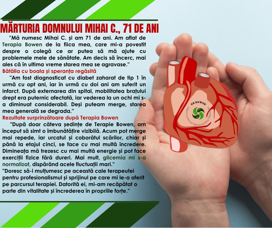 Mărturia Domnului Mihai C., 71 de ani,  "Mă numesc Mihai C. și am 71 de ani. Am aflat de Terapia Bowen de la fiica mea, care mi-a povestit despre o colegă ce ar putea să mă ajute cu problemele mele de sănătate. Am decis să încerc, mai ales că în ultima vreme starea mea se agravase." Bătălia cu boala și speranța regăsită    "Am fost diagnosticat cu diabet zaharat de tip 1 în urmă cu opt ani, iar în urmă cu doi ani am suferit un infarct. După externarea din spital, mobilitatea brațului drept era puternic afectată, iar vederea la un ochi mi s-a diminuat considerabil. Deși puteam merge, starea mea generală se degrada." Rezultate surprinzătoare după Terapia Bowen    "După doar câteva ședințe de Terapie Bowen, am început să simt o îmbunătățire vizibilă. Acum pot merge mai repede, iar urcatul și coborâtul scărilor, chiar și până la etajul cinci, se face cu mai multă încredere. Dimineața mă trezesc cu mai multă energie și pot face exerciții fizice fără dureri. Mai mult, glicemia mi s-a normalizat, dispărând acele fluctuații mari." "Doresc să-i mulțumesc pe această cale terapeutei pentru profesionalismul și sprijinul pe care mi le-a oferit pe parcursul terapiei. Datorită ei, mi-am recăpătat o parte din vitalitate și încrederea în propriile forțe."