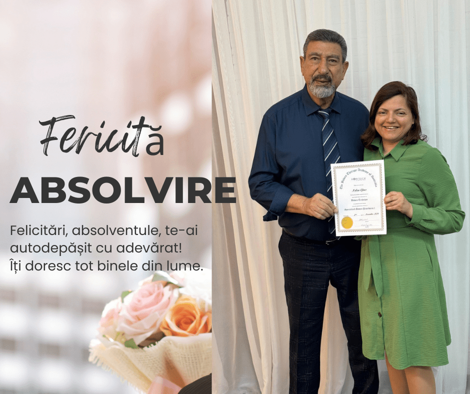  Gemini a spus Această imagine este un colaj digital de tip felicitare, creat pentru a celebra o realizare academică sau profesională, îmbinând un design estetic cu o fotografie de la un eveniment oficial.  Iată descrierea detaliată a elementelor vizuale:  Partea Stângă: Designul și Mesajul Fundalul: Are un aspect diafan, cu tonuri calde de crem și roz, fiind ușor neclar (efect bokeh). În partea de jos, se observă un buchet delicat de trandafiri în nuanțe de roz pal și portocaliu piersică.  Textul Principal: În partea de sus, mesajul este scris mare și vizibil:  "Fericită" (scris cu un font cursiv, de mână, de culoare neagră).  "ABSOLVIRE" (scris dedesubt, cu litere de tipar groase și drepte).  Mesajul de Felicitare: Mai jos, scris cu un font simplu și modern, apare urarea: "Felicitări, absolventule, te-ai autodepășit cu adevărat! Îți doresc tot binele din lume."  Partea Dreaptă: Fotografia de Absolvire Această secțiune conține o fotografie reală cu două persoane:  Subiecții:  În stânga: Un bărbat maturi, cu barbă și mustață gri, purtând o cămașă bleumarin și o cravată cu dungi oblice. El privește cu mândrie spre cameră.  În dreapta: O femeie cu zâmbet larg, purtând ochelari și o rochie elegantă de culoare verde-fistic. Ea are părul șaten, tuns până la umeri.  Elementul Central: Cei doi țin împreună o diplomă oficială, albă, pe care se poate observa o ștampilă aurie rotundă în colțul de jos. Aceasta pare să fie documentul care atestă absolvirea cursului.  Cadrul: Fundalul fotografiei este format dintr-o perdea albă, subțire, cu falduri verticale, sugerând un cadru festiv sau o sală de ceremonii.  Atmosfera Generală Imaginea transmite o stare de împlinire, succes și bucurie împărtășită. Este o compoziție caldă, care pune în lumină atât efortul depus pentru obținerea diplomei, cât și celebrarea acestui moment alături de un mentor sau o persoană dragă.