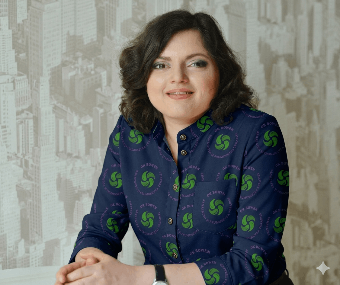 Subiectul și Expresia Femeia are părul șaten închis, tuns până la umeri, coafat în bucle lejere și bine îngrijit. Are ochii căprui și poartă un machiaj subtil, cu un ruj într-o nuanță naturală de roz-crem. Ea se uită direct în obiectiv cu o privire încrezătoare.  Îmbrăcămintea Elementul cel mai distinctiv al imaginii este cămașa pe care o poartă. Este o cămașă cu mâneci lungi, de culoare albastru închis (bleumarin). Aceasta este complet acoperită de un model repetitiv al logoului "OK Bowen". Logoul este circular și are două componente:  Text: Sus, scris arcuit cu mov: "OK BOWEN". Jos, completând cercul: "SĂNĂTATEA ȘI FRUMUSEȚEA TERAPIEI".  Simbol: În centrul cercului este o formă abstractă, formată din patru forme de frunze verzi, dispuse în rotație.  Modelul logoului se repetă în mod uniform pe toată suprafața cămășii, inclusiv pe buzunarul de la piept, oferind un aspect unic și personalizat, ca o uniformă de brand. Cămașa are o tăietură modernă, cu o bandă îngustă la gât și nasturi mici, aurii, la manșete și la plachetă.  Gestul Femeia este așezată la o masă albă, pe care își sprijină antebrațele. Mâinile ei sunt împreunate în față, într-un gest politicos și relaxat. La încheietura mâinii stângi poartă un ceas cu o curea neagră.  Fundalul Fundalul este o suprafață neclară, texturată, de o nuanță gri-crem. Acesta sugerează o încăpere modernă, cu o fereastră sau o perete într-o nuanță neutră. Textura discretă din fundal poate fi interpretată ca o perete cu un tapet subtil sau o suprafață din lemn deschis. Fundalul este ușor neclar, punând accentul pe subiect.  Această imagine este o fotografie de prezentare profesională, axată pe personalitatea femeii și pe reprezentarea identității vizuale a brandului "OK Bowen". Lumina este naturală și uniformă, contribuind la o atmosferă caldă și prietenoasă.