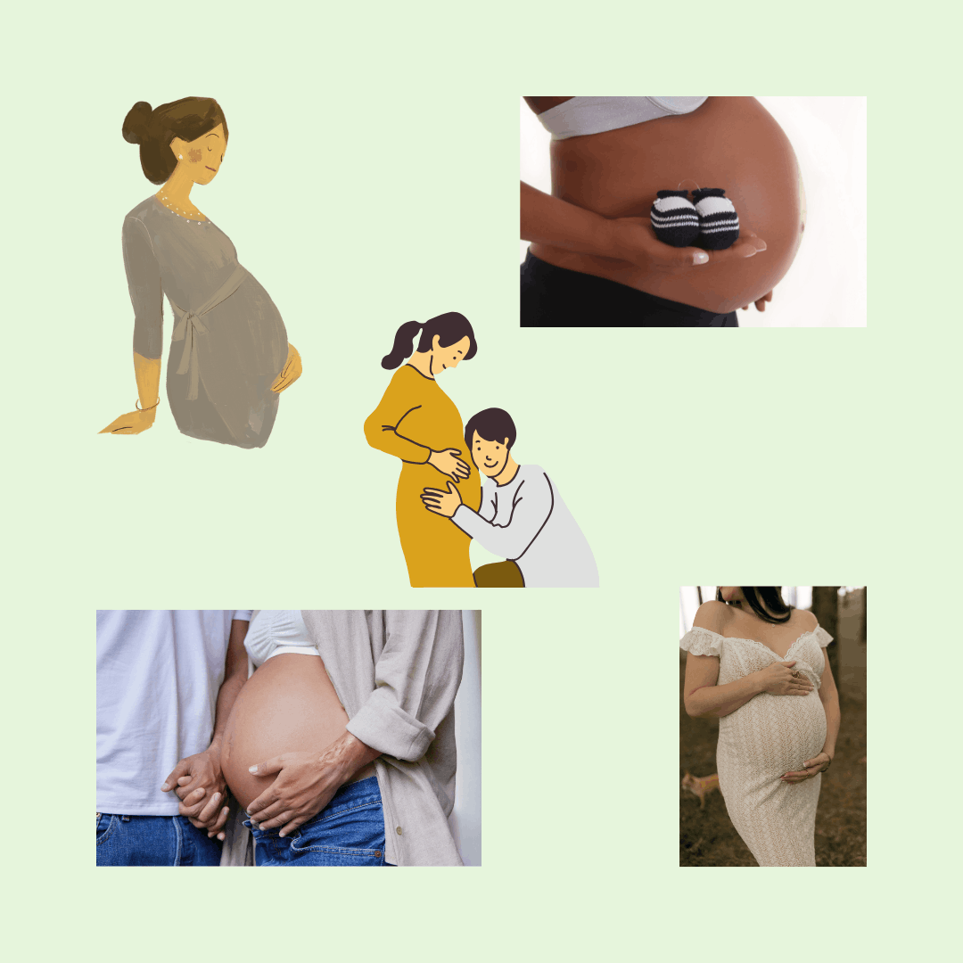 Un colaj de ilustrații și fotografii care celebrează maternitatea.  Conținut: Include desene stilizate cu femei însărcinate și cupluri, dar și fotografii reale cu burtici de gravide. Într-o fotografie, o viitoare mămică ține în palmă o pereche de botoșei mici, albaștri.  Mesaj: Terapia Bowen este prezentată ca un suport pentru corpul femeii în timpul transformărilor din sarcină, ajutând la ameliorarea durerilor de spate și la pregătirea organismului pentru naștere.