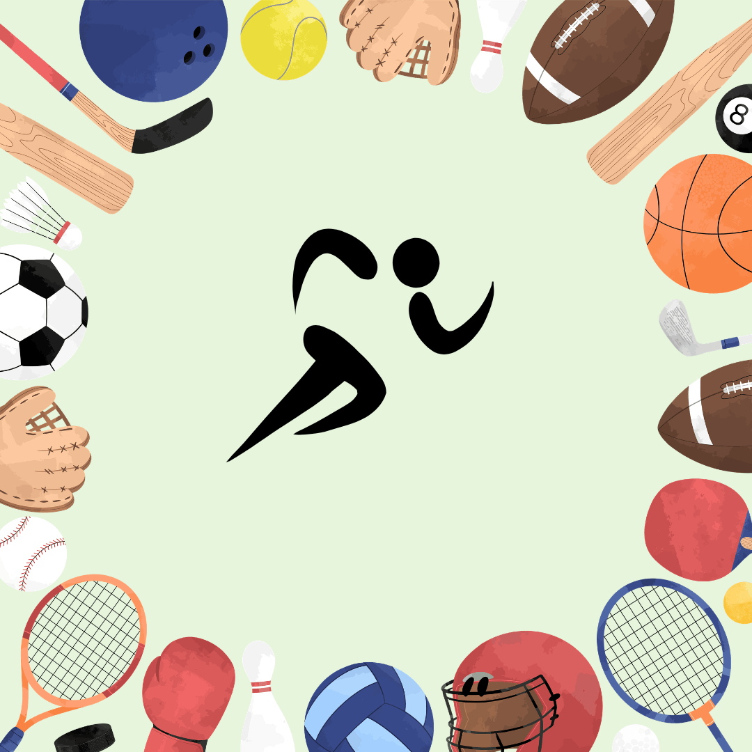 Un design grafic vesel dedicat activității fizice.  Imaginea: În centru se află silueta neagră a unui alergător în plin avânt. Aceasta este înconjurată de o bordură formată din diverse echipamente sportive: mingi de fotbal, baschet, tenis, volei, mănuși de baseball și box, crose de hochei și popice.  Mesaj: Ilustrează versatilitatea terapiei pentru orice tip de sportiv, punând accent pe mișcare și vitalitate.